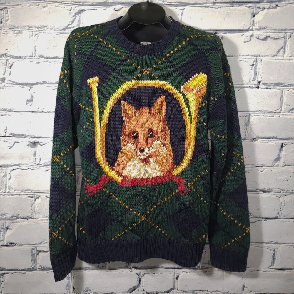 VTG 80s Millers Sportific Argyle Knit Sweater Fox French-Horn Equestrian Preppy